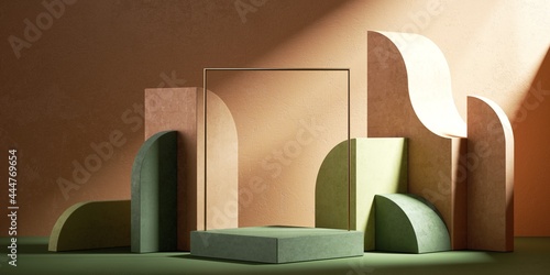 3d render, abstract background with geometric shapes and sunlight rays. Modern minimal showcase scene with golden square frame and empty podium for product presentation