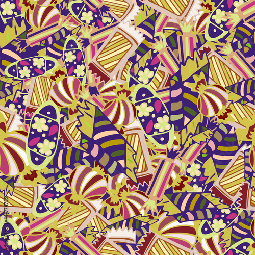 A bunch of candies and bonbons in retro style seamless pattern, a pile of candy bars repeat pattern, hand-drawn confectionery, a stack of vintage candies beige, brown, red 