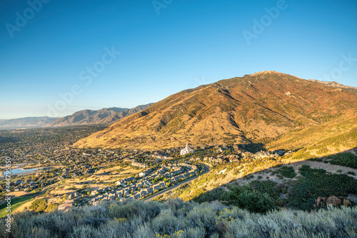 Top view of Draper City in Utah with a clear blue sky background