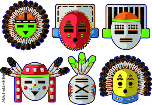 Ancient art based in Kachina dolls faces gods of hopi native american culture over white background. vector set