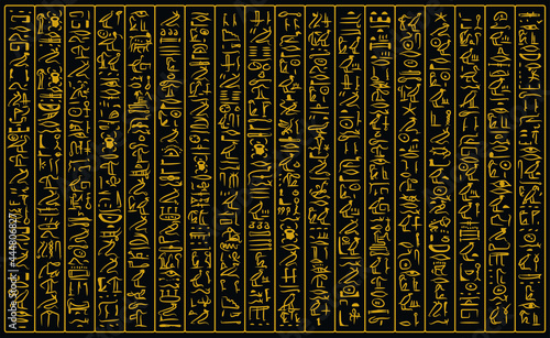 Ancient golden egyptian hieroglyphs alphabet pattern over black background. Ancient egyptian and ancient culture concept