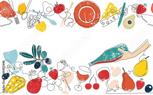 Two top and bottom Seamless Patterns with Food and Utensils. Vector Background. One line art Style. Frame with Organic Food. Can be also yused like Banner, Flyer, Texture.