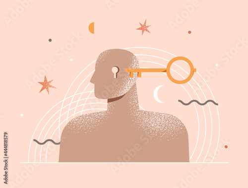 Therapy, psychotherapy, psychology concept. Open mind. Human head with a keyhole and key. Philosophy metaphor, personality. Abstract modern illustration about mental health. Isolated vector design