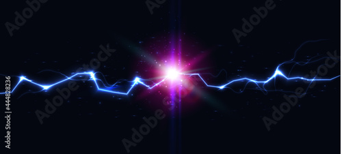 Lightning strike collision, thunder flash battle versus, electric shock strike, battery charge, fireball vector illustration
