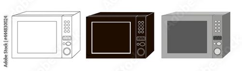 Set of three microwave ovens in black flat, outline and isometric style. Stock vector illustration isolated on white background.