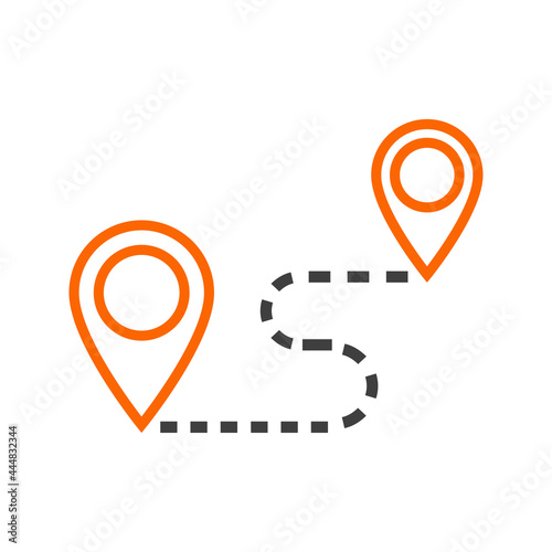 Icono con hoja de ruta entre punteros con línea de puntos en color gris y naranja