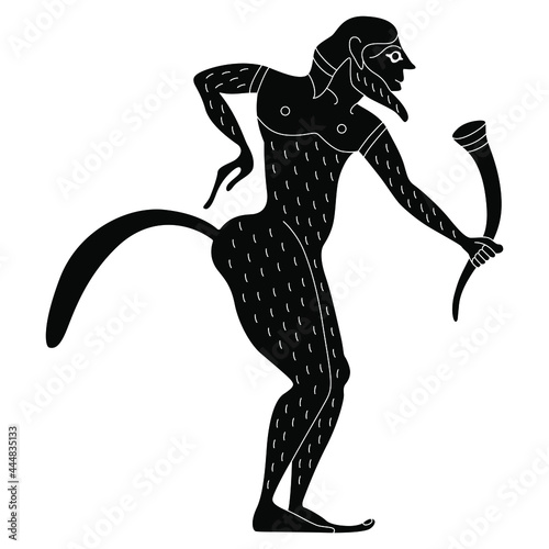 Ancient Greek satyr or Silenus holding rhyton of wine. Vase painting style. Fantastic mythological creature. Black and white negative silhouette.