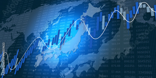 株価チャートと日本地図、世界地図