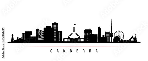 Canberra skyline horizontal banner. Black and white silhouette of Canberra, Australia. Vector template for your design.