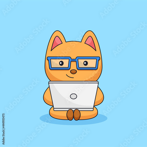 Geek glasses cat working on laptop animal mascot cartoon vector illustration