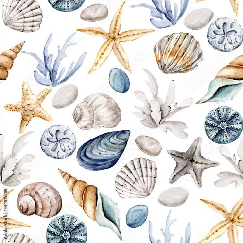 Seamless pattern with watercolor shells, repeat sea texture, background hand drawing. Perfectly for wrapping paper, wallpaper, fabric, texture and other printing.