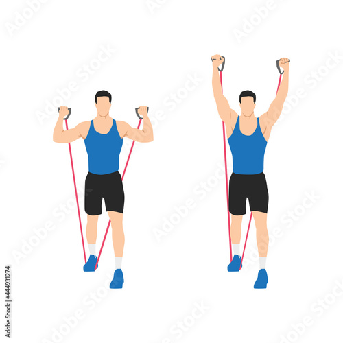 Man doing Resistance band standing shoulder press. overhead press exercise. Flat vector illustration isolated on white background