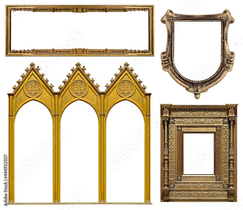 Set of gothic golden frames for paintings, mirrors or photo isolated on white background