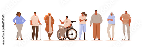 Diverse different ages people standing and talking together. Handiclapped characters wearing prosthesis, crutches and sitting in wheelchair. Disable people lifestyle. Flat cartoon vector illustration.
