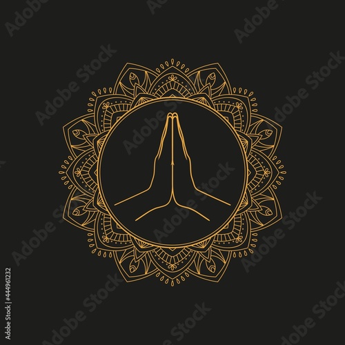 Namaste symbol on the ornate golden frame. Vector illustration on dark background