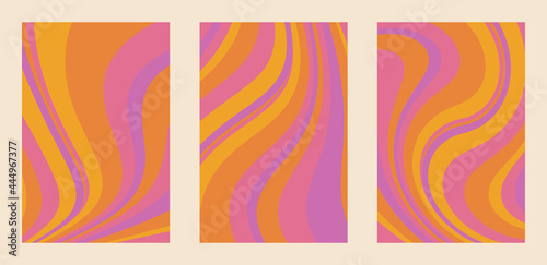 set of 1960s vector illustration with liquid groovy lines. vintage style. pink, orange, purple and yellow retro background. poster, giftcard, t-shirt, stationery