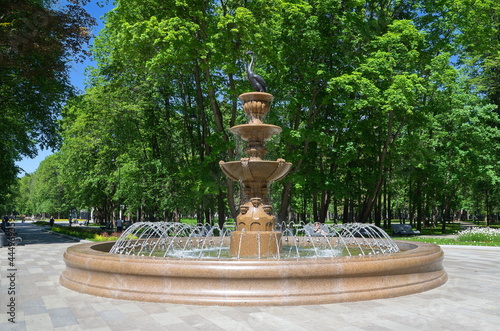 Moscow, Russia - June 3, 2021: Fountain in the park of the Northern River Station