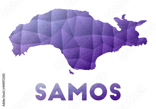 Map of Samos. Low poly illustration of the island. Purple geometric design. Polygonal vector illustration.