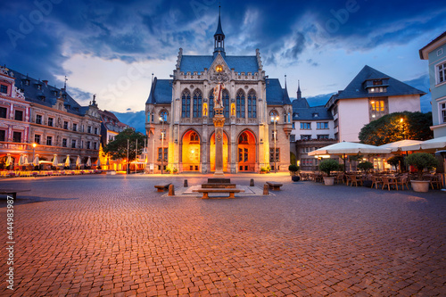 Erfurt, Germany. Cityscape image of old town Erfurt, Thuringia, Germany with the neo-Gothic Town Hall on Fischmarkt square at sunrise.