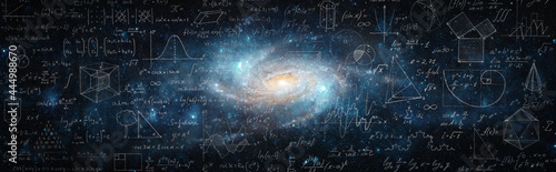 Mathematical and physical formulas against the background of a galaxy in universe. Space Background on the theme of science and education. Elements of this image furnished by NASA.