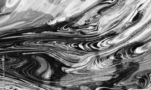 Art Abstract flow acrylic and watercolor marble blot painting. Black and white Color wave horizontal texture background.