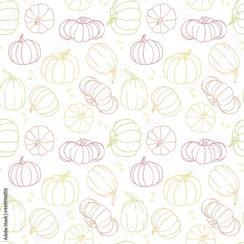 Beautiful pumpkin halloween thanksgiving seamless pattern, cute cartoon pumpkins hand drawn background, great for seasonal textile prints, holiday banners, backdrops or wallpapers 