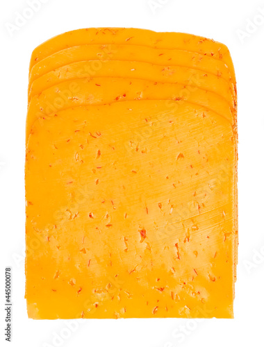 Chili cheese slices. Stack of sliced cheddar for cheeseburgers, made of pasteurized milk and flakes of red chilies. Dairy product. Orange color. Close-up, from above, isolated, over white, food photo.