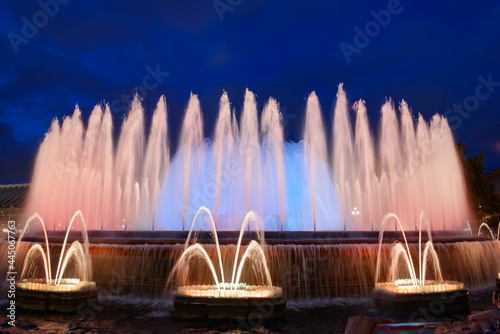 Night view of The Magic Fountain of Montjuïc in Barcelona, Spain.