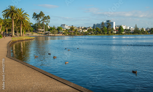 Scenery view of Lake Rotoroa (or Hamilton Lake Domain) in Hamilton, New Zealand. It has a surface area of about 54 hectares and an average depth of 2.4 metres.
