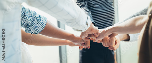 Panoramic Teamwork,empathy,partnership and Social connection in business join hand together concept.Hand of diverse people connecting.Power of volunteer charity work, Stack of people hand.