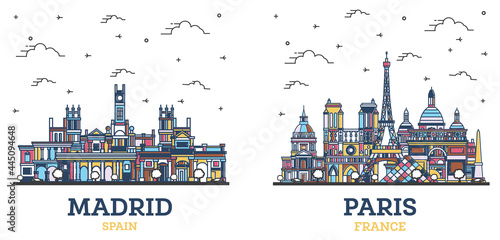 Outline Paris France and Madrid Spain City Skyline Set.