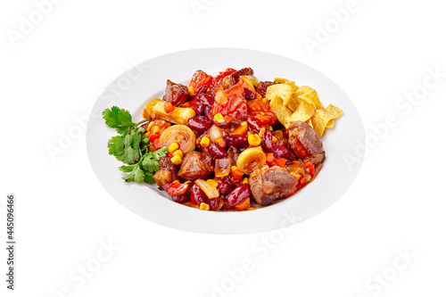 Stewed red beans with vegetables, meat and corn chips
