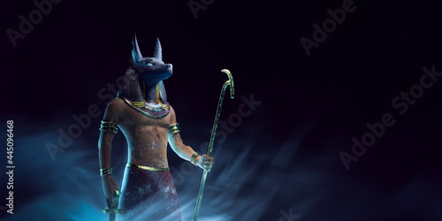 3D rendering, illustration of a stone statue of Anubis, the Egyptian god of death in a smoky dark background