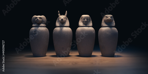 canopic jars from Egypt,. used for mummification and storing organs. 3D Rendering, illustration.