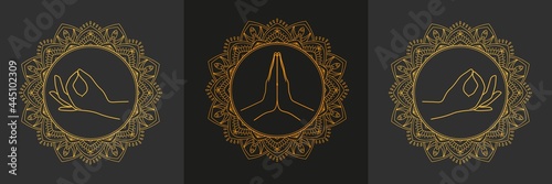 Buddhism symbols cards - namaste and gyan mudra. Collection in boho style. Vector illustration