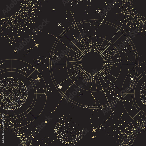 Galaxy universe mystic background, Night sky design. sacred geometry signs . Constellation, Sun, Moon Gold celestial seamless pattern, boho print