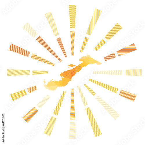 Amorgos sunburst. Low poly striped rays and map of the island. Beautiful vector illustration.