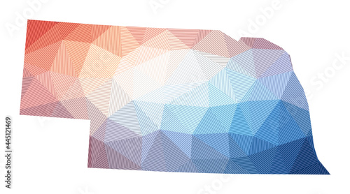 Map of Nebraska. Low poly illustration of the us state. Geometric design with stripes. Technology, internet, network concept. Vector illustration.