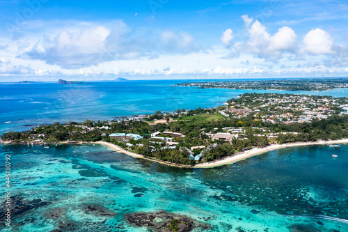 Aerial view, beaches with luxury hotels with water sports at Trou-aux-Biches Pamplemousses Region, behind Grand Baie, Mauritius, Africa