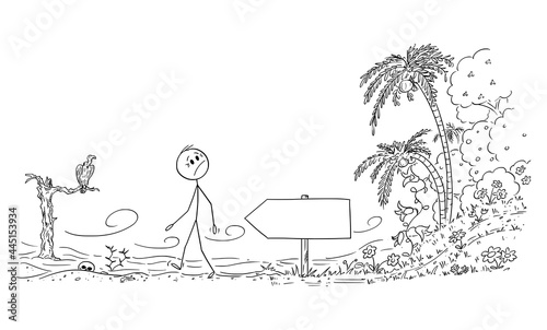 Person Leaving Paradise and Entering Desert, Vector Cartoon Stick Figure Illustration