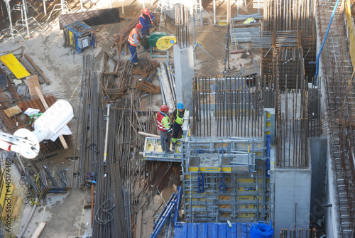 Construction site of a high building, work on reinforcement of foundations 