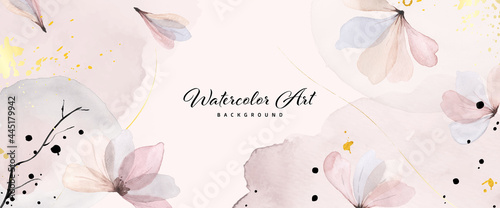 Abstract background watercolor gentle pink flower and gold splash