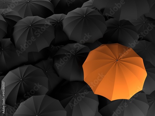 One unique bright orange umbrella among many black ones. The concept of uniqueness. 3d illustration