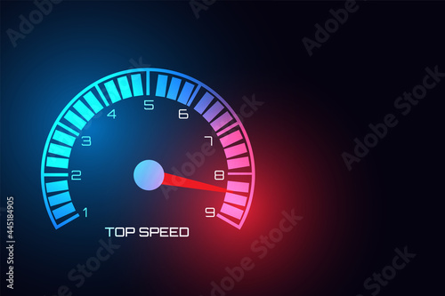 Technology speedometer isolated on black background. Gas tank gauge. Oil level bar. Vector illustration flat design. Concept of maximum speed and power