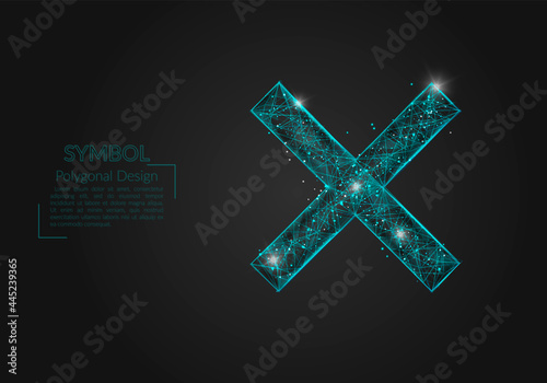 Abstract isolated blue image of a multiply sign. Polygonal illustration looks like stars in the blask night sky in spase or flying glass shards. Digital design for website, web, internet.