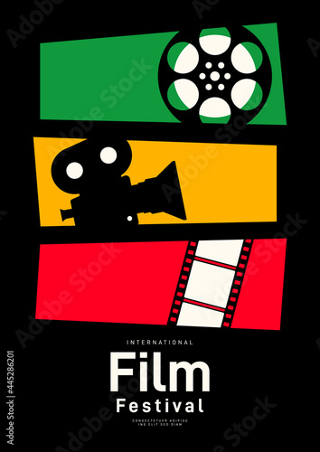Movie poster design template background with vintage film reel and camera