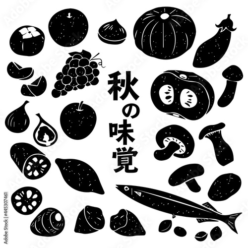 Autumn Food Woodblock Print Vector Art 秋の食べ物の版画風セット