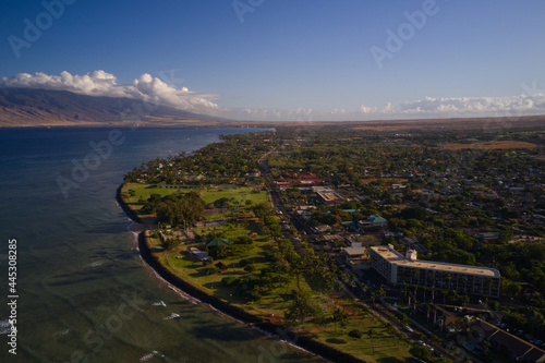 A high definition aerial view of the beach in Kihei Hawaii. 