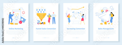 Online marketing conversion rate concept. Worker attracting internet clients with discounts. Funnel sales strategy for new customers. Developing management for increasing purchases vector app