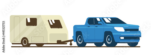 Pickup truck car and trailer caravan isolated. Vector flat style illustration.